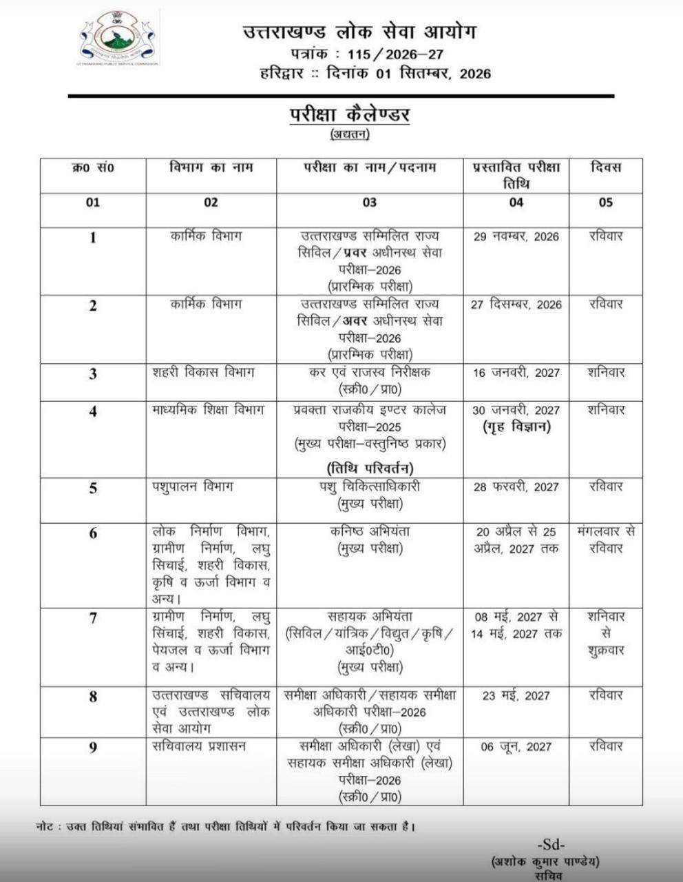 UKPSC 2026-27 Calendar Released